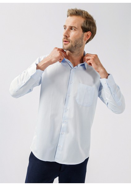 Klasik Yaka Armürlü Mavi - Buz Erkek Gömlek GM2025000222 modelleri