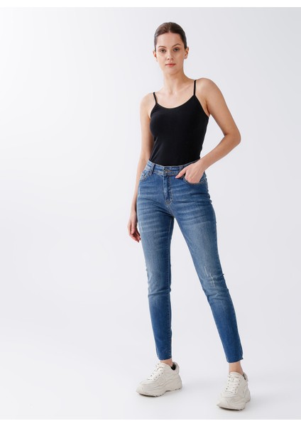 Yüksek Bel Skinny Fit Düz Mavi Kadın Pantolon 22K0367K1