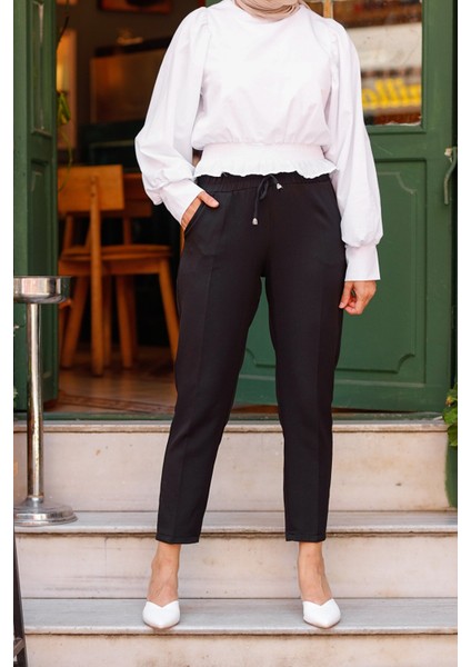 Kadın Beli Lastikli Bilek Boy Havuç Kesim Pantolon modelleri