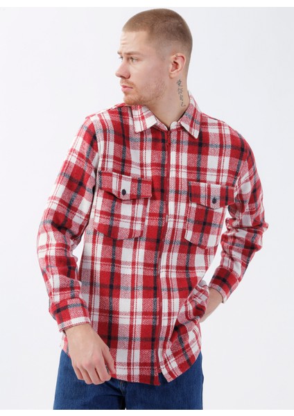 Kareli Kırmızı Erkek Gömlek DT10117-1_DENIM Trip Gömlek Yaka Re