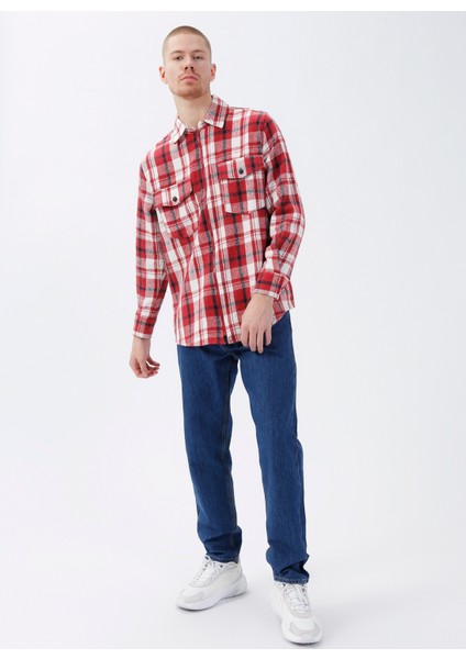 Kareli Kırmızı Erkek Gömlek DT10117-1_DENIM Trip Gömlek Yaka Re fiyatları