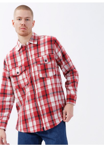 Kareli Kırmızı Erkek Gömlek DT10117-1_DENIM Trip Gömlek Yaka Re modelleri