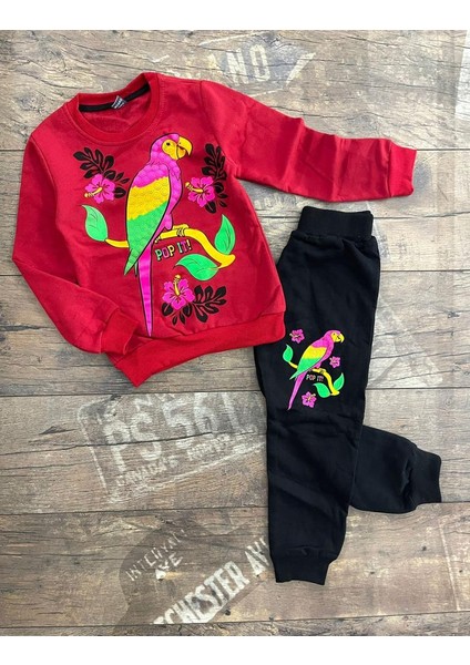 Kız Çocuk Bordo Papağan Baskılı Eşofman Takım