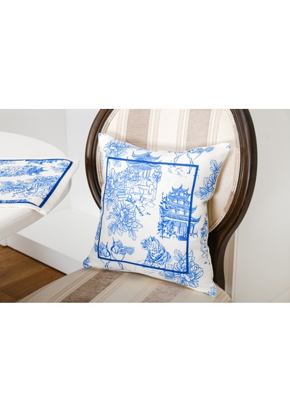 Festival Baskılı Kumaş Kreme Mavi Kırlent Kılıfı 45X45 cm - 1439