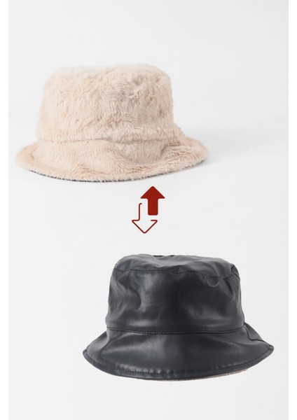 Çift Taraflı Bucket Şapka - Siyah Bej