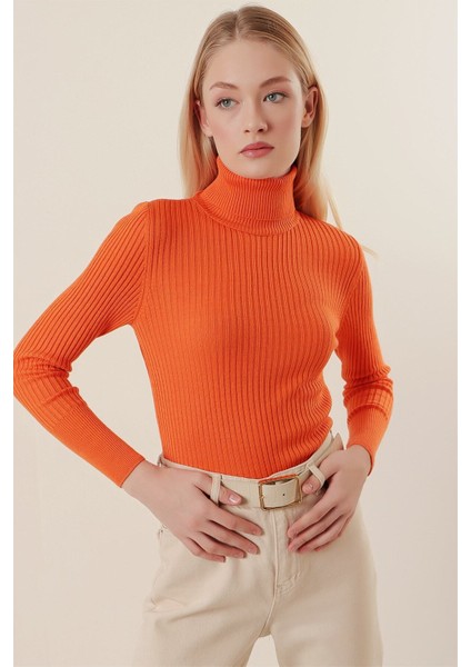 Kadın Oranj Boğazlı Fitilli Triko Balıkçı Yaka Kazak HZL22W-BD1445001