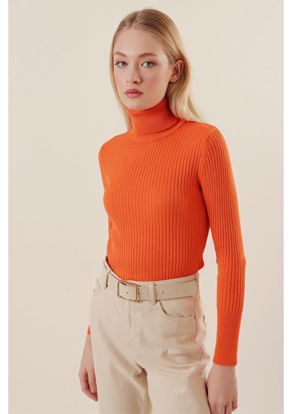 Kadın Oranj Boğazlı Fitilli Triko Balıkçı Yaka Kazak HZL22W-BD1445001 fırsatları