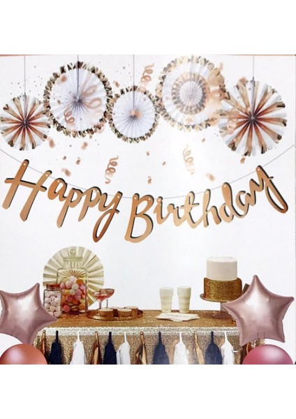 Happy Birthday Kaligrafi Banner Altın Gümüş Rosegold Siyah Mavi Pembe