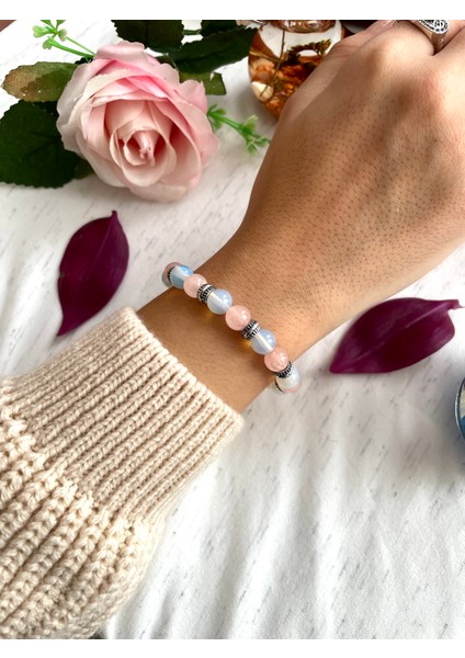 Kadın - Şık Tasarım Ay ve Pembe Kuvars Doğal Taşlı Bileklik | Handcrafted