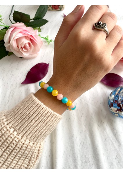 Kadın - Rengarenk Çok Zarif Doğal Taş Bileklik | Pembe Kuvars, Sitrin, Aquamarin