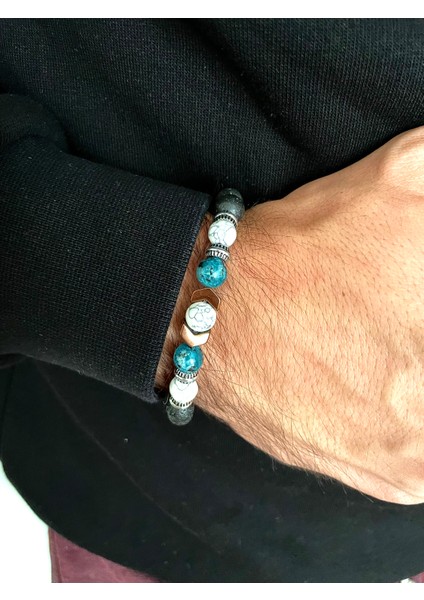 Erkek - Afrika Turkuazı + Beyaz Renk Doğal Taşlı Padore Bileklik | Güç Simgesi!