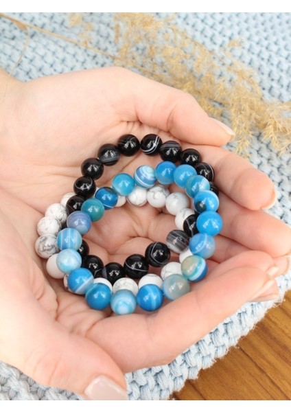 Unisex - 3 Adet Turkuaz, Beyaz, Siyah Jade ve Onix Doğal Taş Padore Bileklik | Handmade