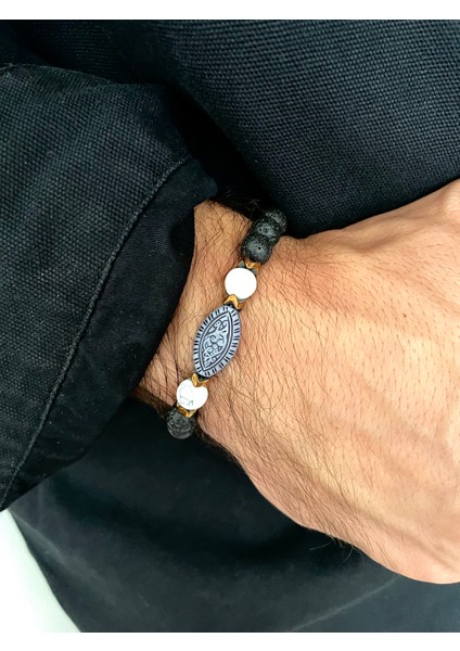 Unisex - Ahşap Celtic Motifli, Jade ve Lav Doğal Taşlı Çok Şık Padore Bileklik | Handcrafted