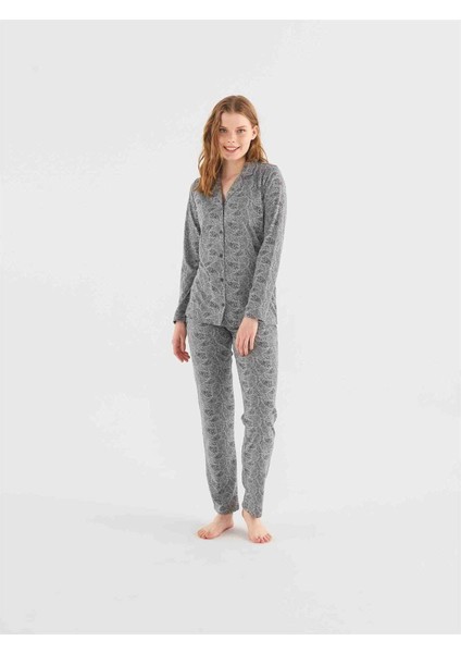 Kadın Gri Melanj Boydan Patlı Pijama Takım