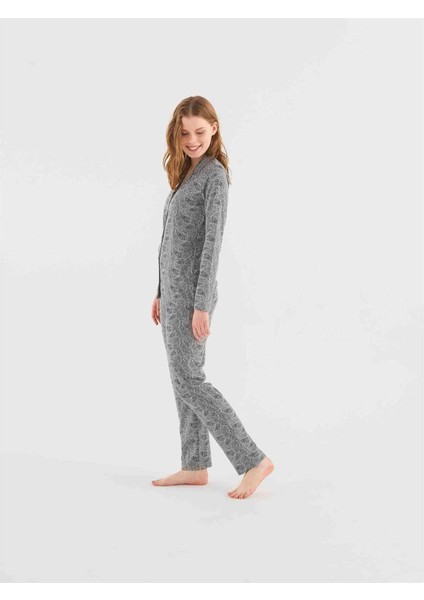 Kadın Gri Melanj Boydan Patlı Pijama Takım
