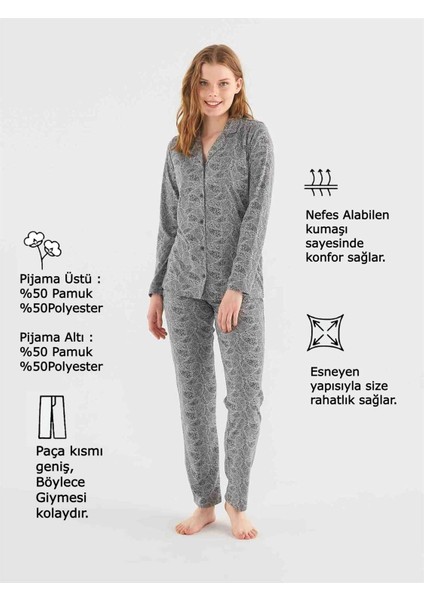 Kadın Gri Melanj Boydan Patlı Pijama Takım