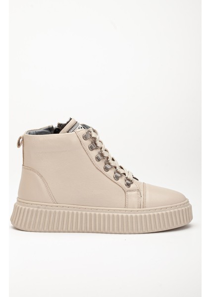 Hakiki Deri Kalın Taban Halka Bağcıklı Bej Kadın Bot modelleri