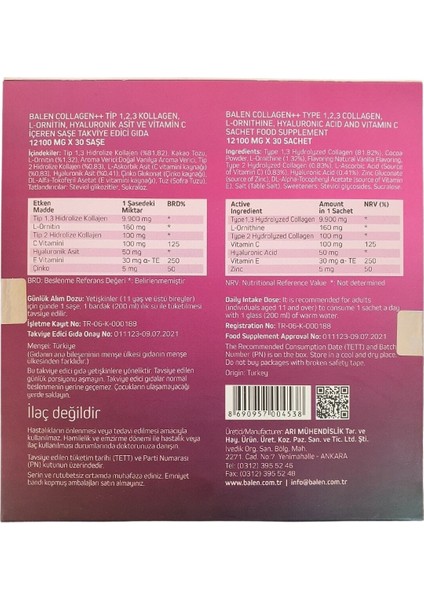 Collagen Tip 1-2-3 L-Ornitin Hyaluronik Asit C Vitamini 30 Şase 12100 Mg X 2 Adet
