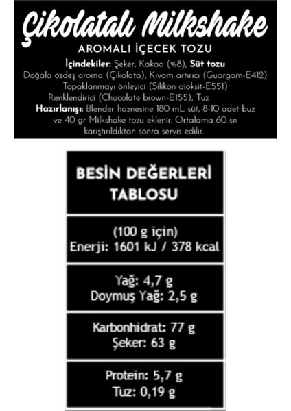 Çikolatalı Milkshake 1000 gr Içecek Tozu