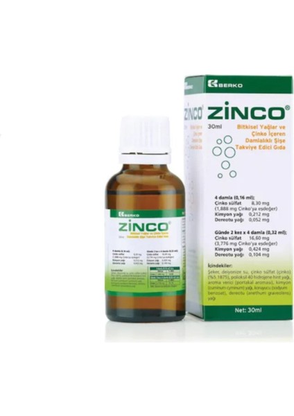 Zinco Bitkisel Yağlar Ve Çinko Içeren Damlalıklı Şişe Gıda 30 Ml