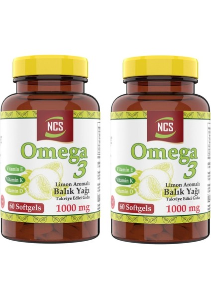 Limon Aromalı Omega 3 Balık Yağı 1000 Mg Vitamin D Vitamin K Vitamin E 60 Softgels 2 Adet