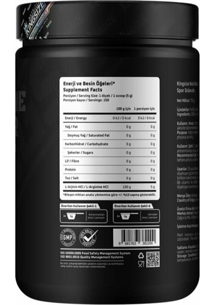 Kingsize Nutrition Arginine Powder 750 Gr