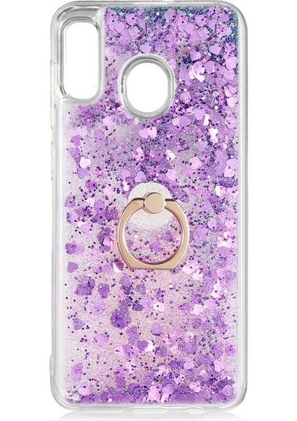 Samsung Galaxy A20 Kılıf Sıvılı Simli Yüzüklü Kapak