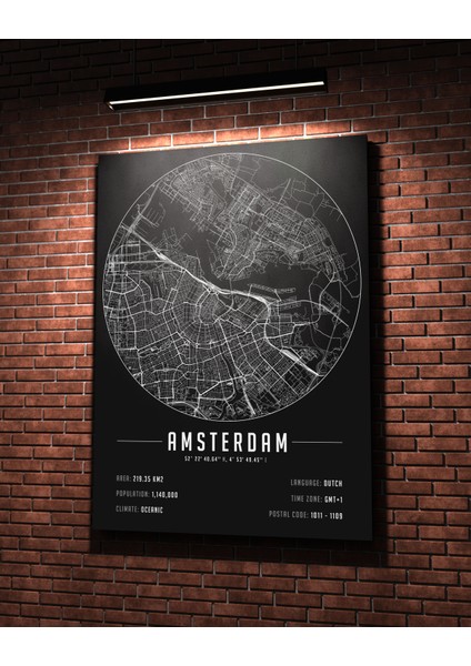 Amsterdam 50X70 cm Şehir Haritası Kanvas Tablo