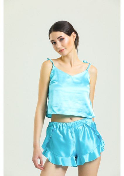 Saten Fırfırlı Pijama Takımı