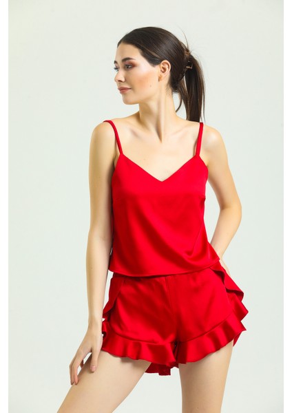 Saten Fırfırlı Pijama Takımı