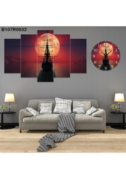 6 Parçalı Dekoratif Ahşap Duvar Tablosu ve Saati 60X124 cm B107R0032