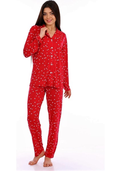 Bambu, Kırmızı, Boydan Düğmeli Kadın Pijama Takımı