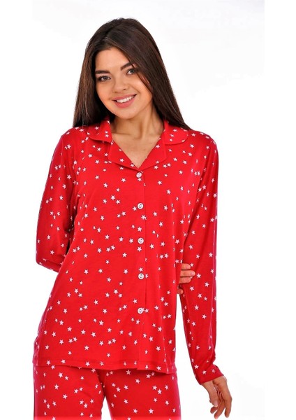 Bambu, Kırmızı, Boydan Düğmeli Kadın Pijama Takımı