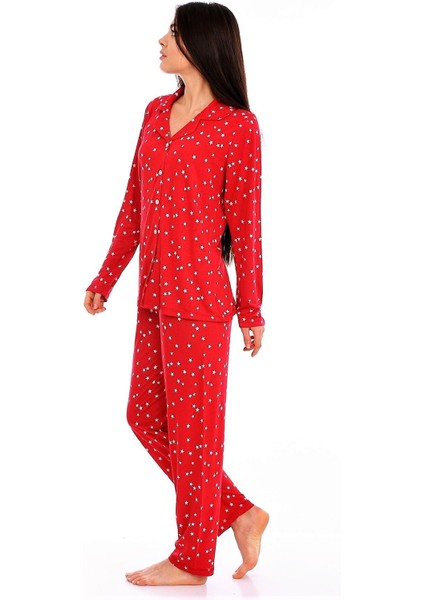 Bambu, Kırmızı, Boydan Düğmeli Kadın Pijama Takımı