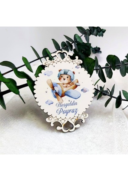 30 Adet Işlemeli Büyük Boy Ahşap Kız Bebek Şekeri Magnet Uçakta Ayıcık