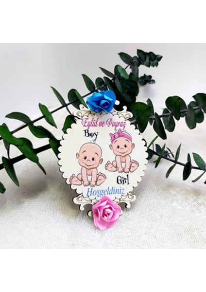 30 Adet Çiçekli ve Püsküllü Ahşap Ikiz Bebek Şekeri Magnet