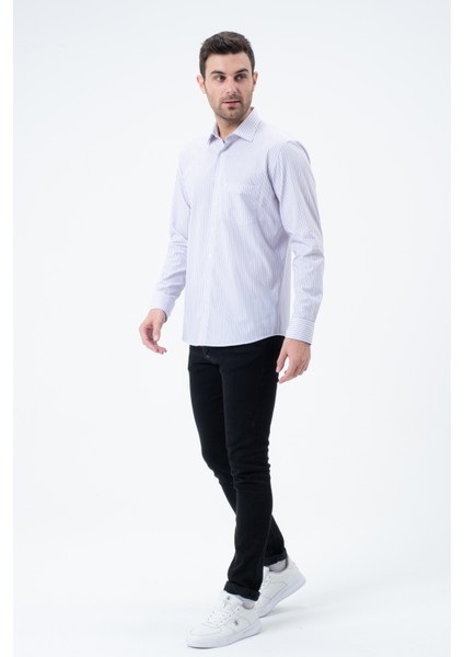 Erkek Regular Fit Mavi Çizgili Uzun Kol Gömlek modelleri