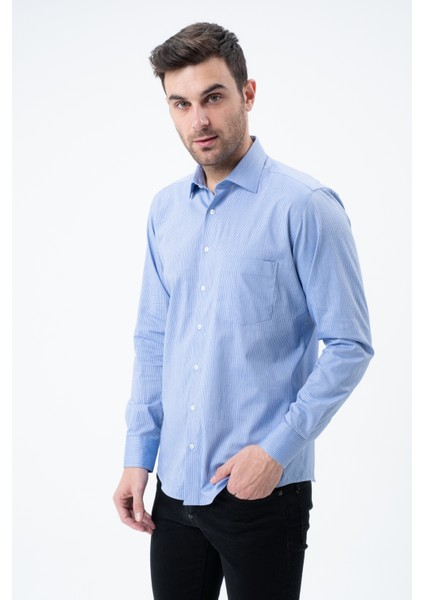 Mavi Regular Fit Çizgili Uzun Kol Gömlek