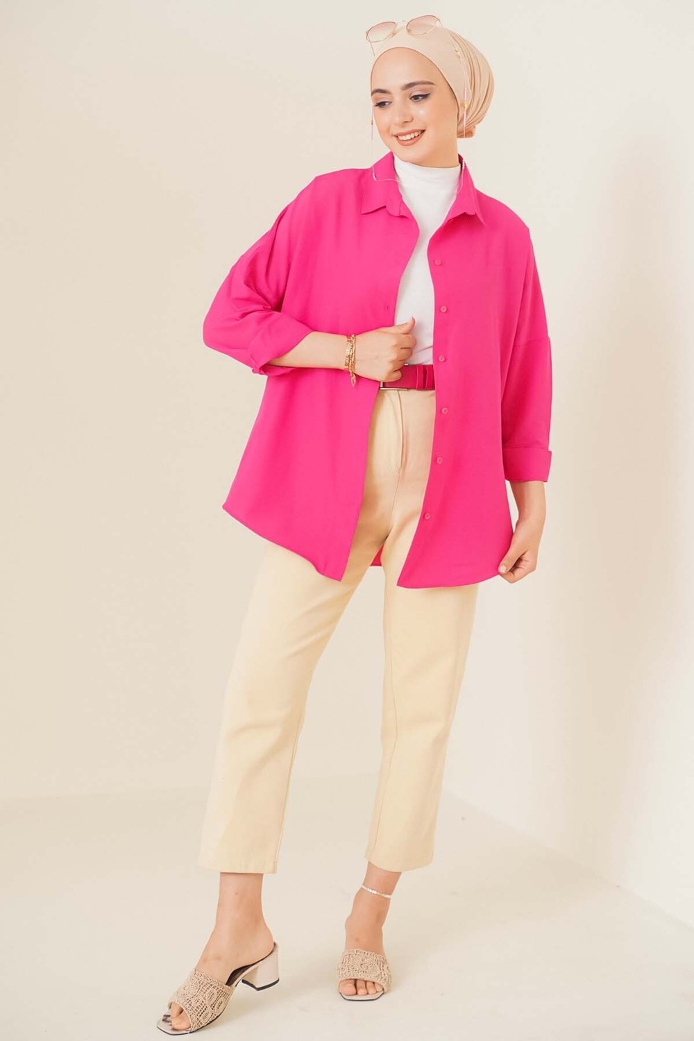 Bigdart 103901 Oversize Basic Tesettür Gömlek - Beyaz