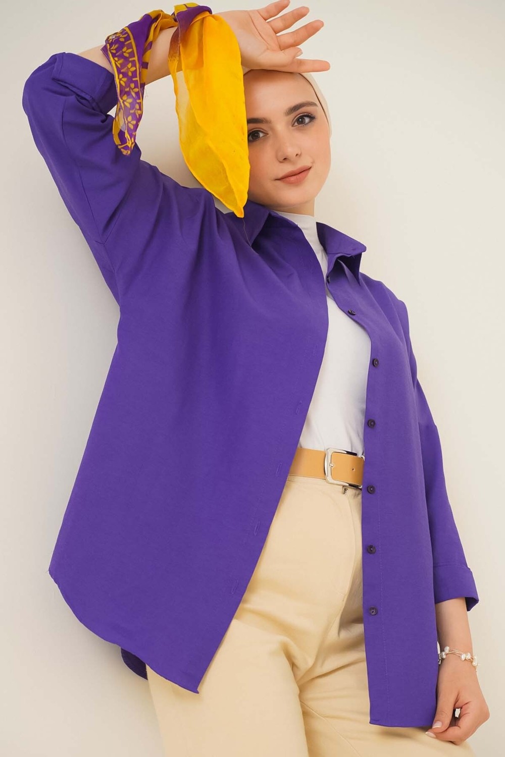 Bigdart 103901 Oversize Basic Tesettür Gömlek - Beyaz görsel 3
