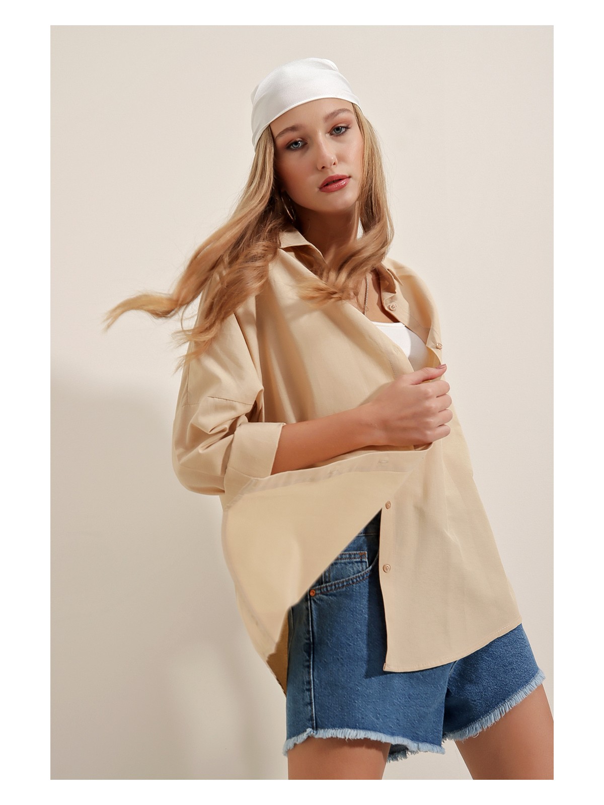 Bigdart 3900 Oversize Uzun Basic Gömlek - Bej