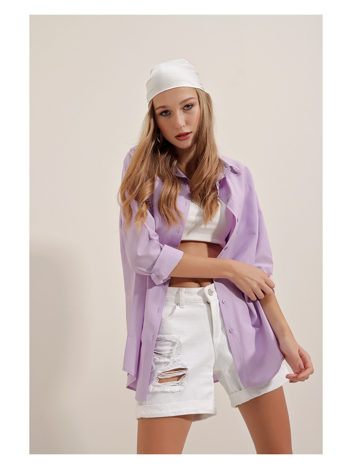 Bigdart 3900 Oversize Uzun Basic Gömlek - Lila