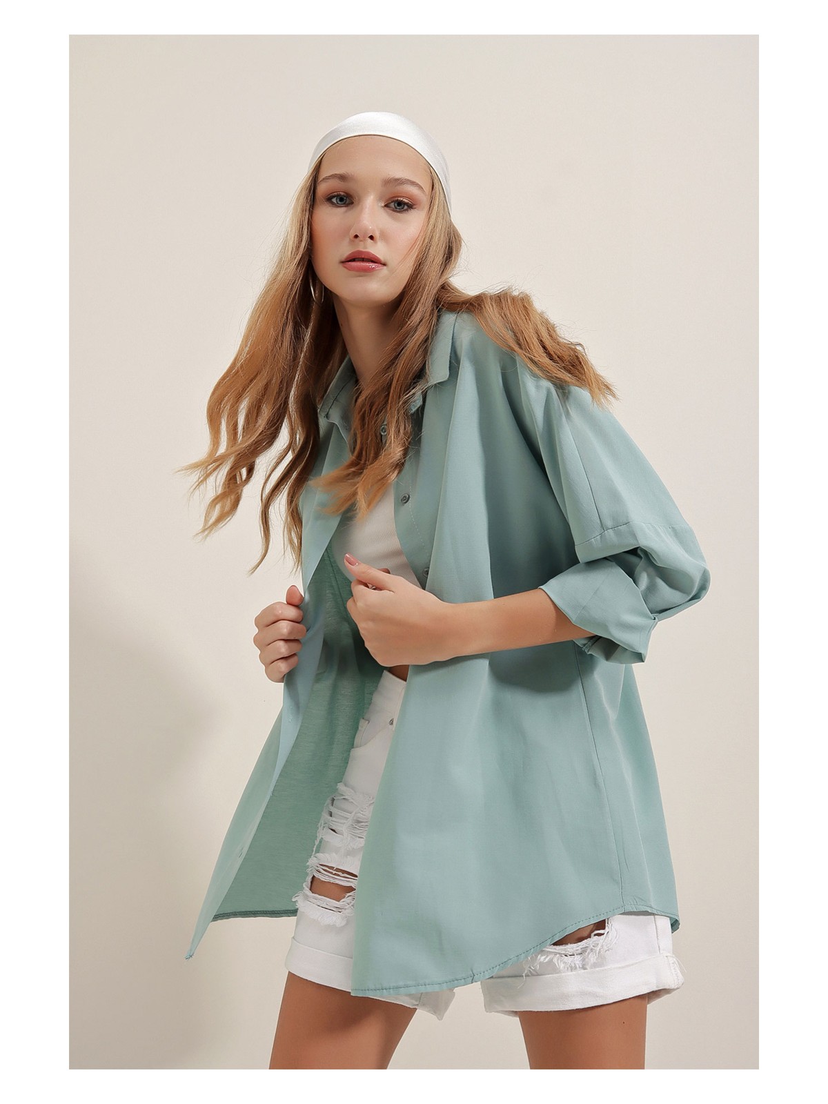 Bigdart 3900 Oversize Uzun Basic Gömlek - Su Yeşili