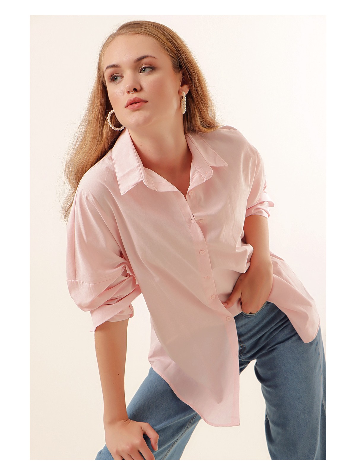 Bigdart 3900 Oversize Uzun Basic Gömlek - Pudra