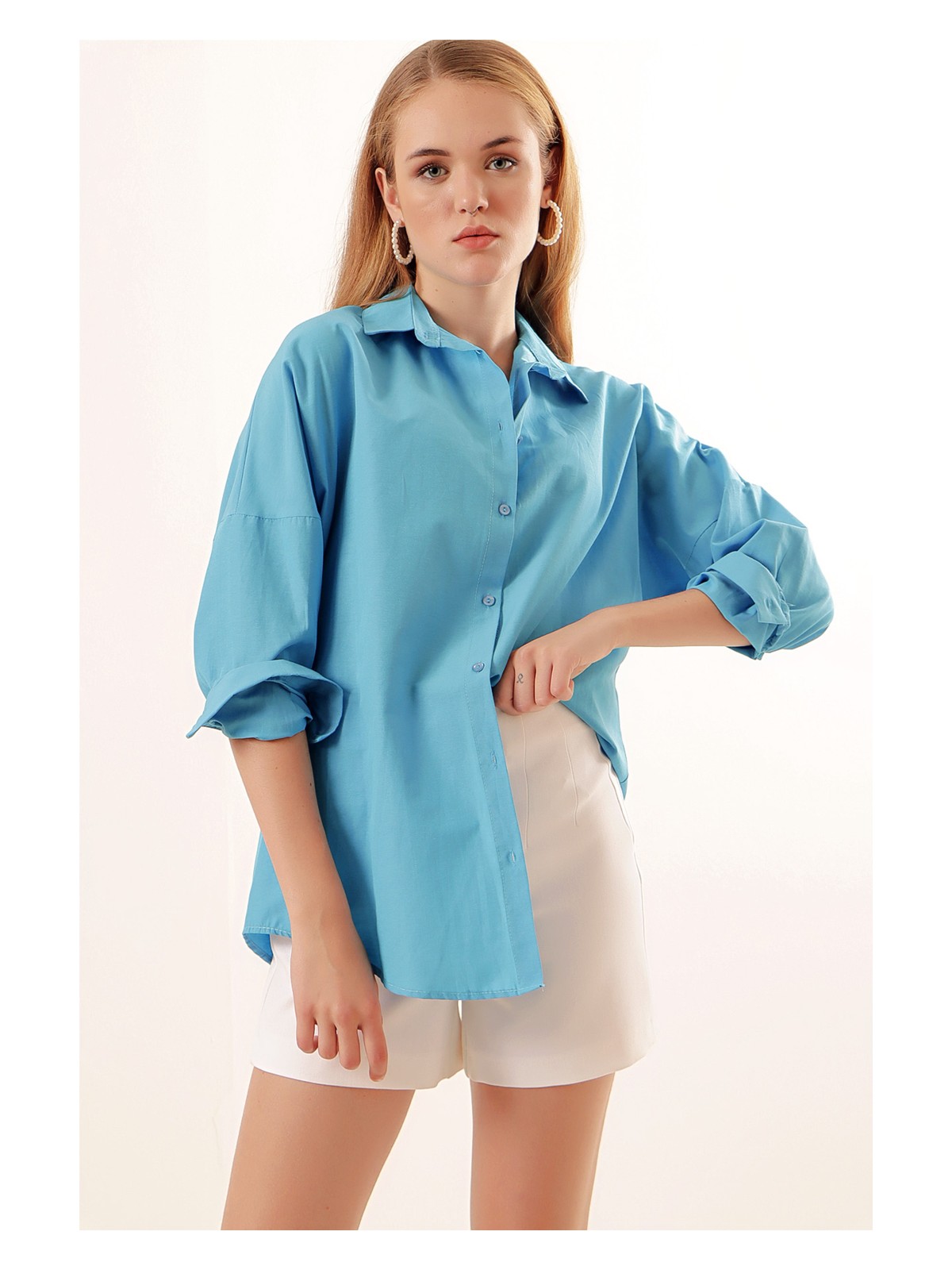 Bigdart 3900 Oversize Uzun Basic Gömlek - Koyu Mavi