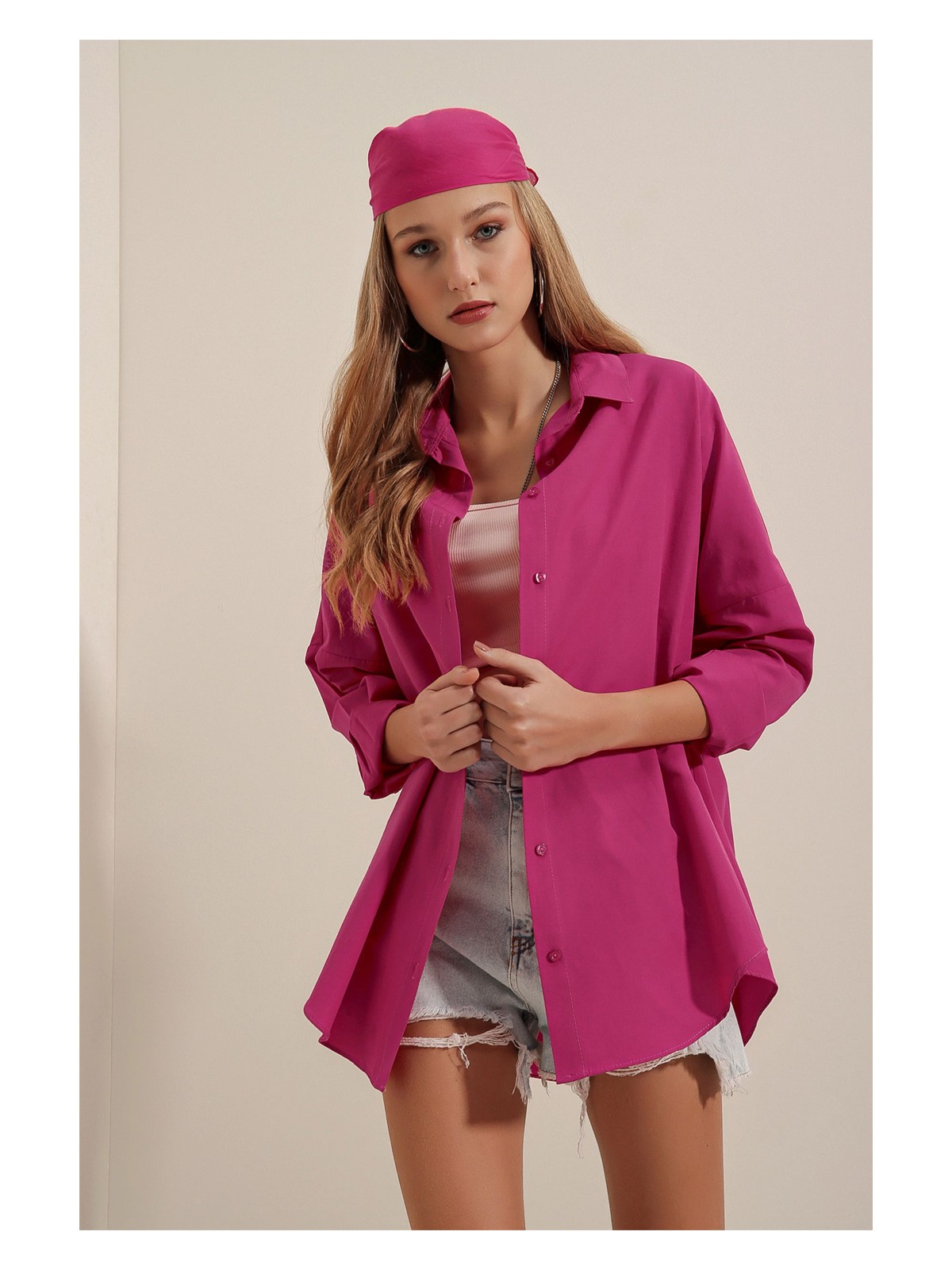 Bigdart 3900 Oversize Uzun Basic Gömlek - Koyu Pembe