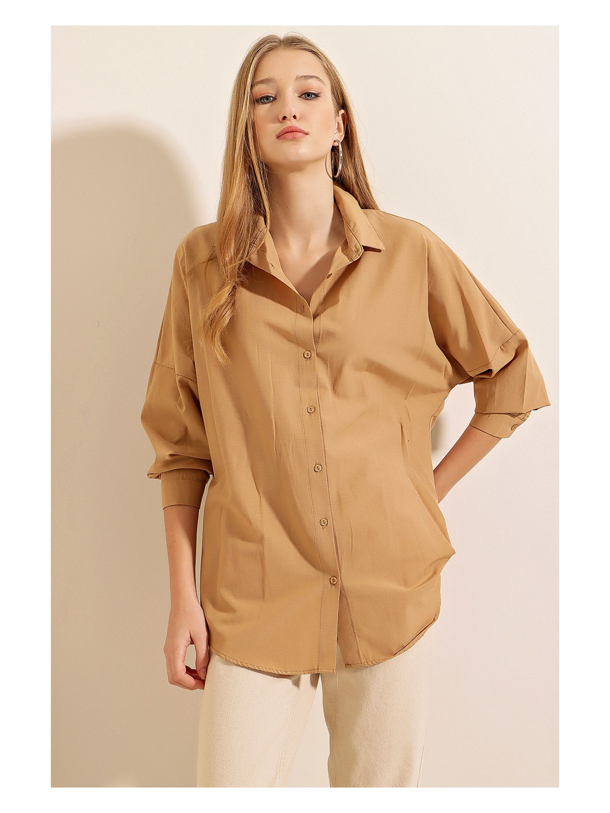 Bigdart 3900 Oversize Uzun Basic Gömlek - Bisküvi