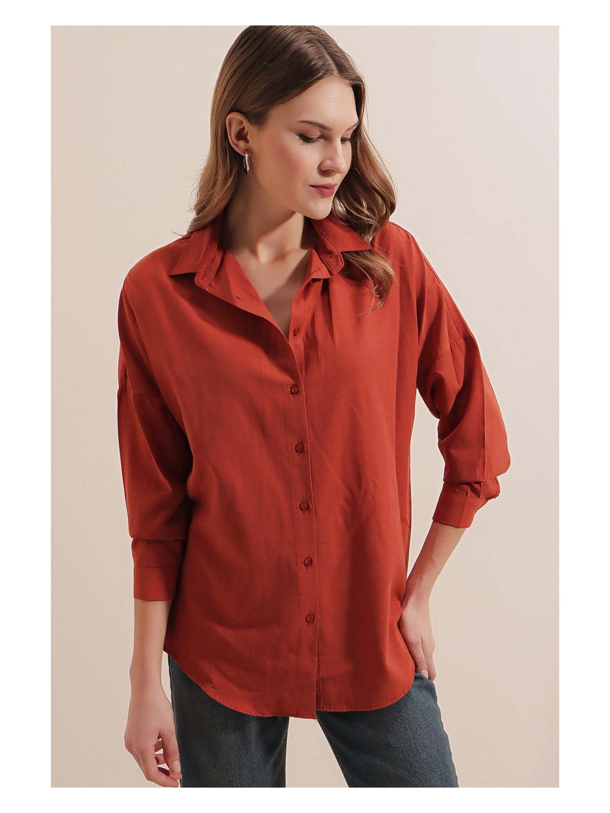 Bigdart 3900 Oversize Uzun Basic Gömlek - Kiremit