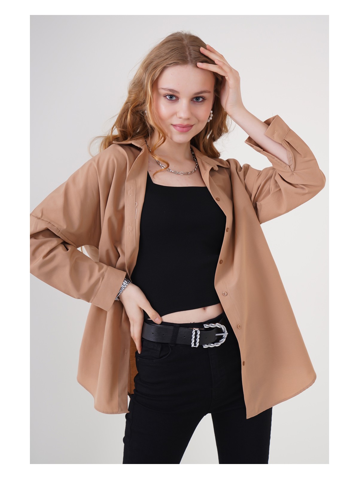 Bigdart 3900 Oversize Uzun Basic Gömlek - Camel