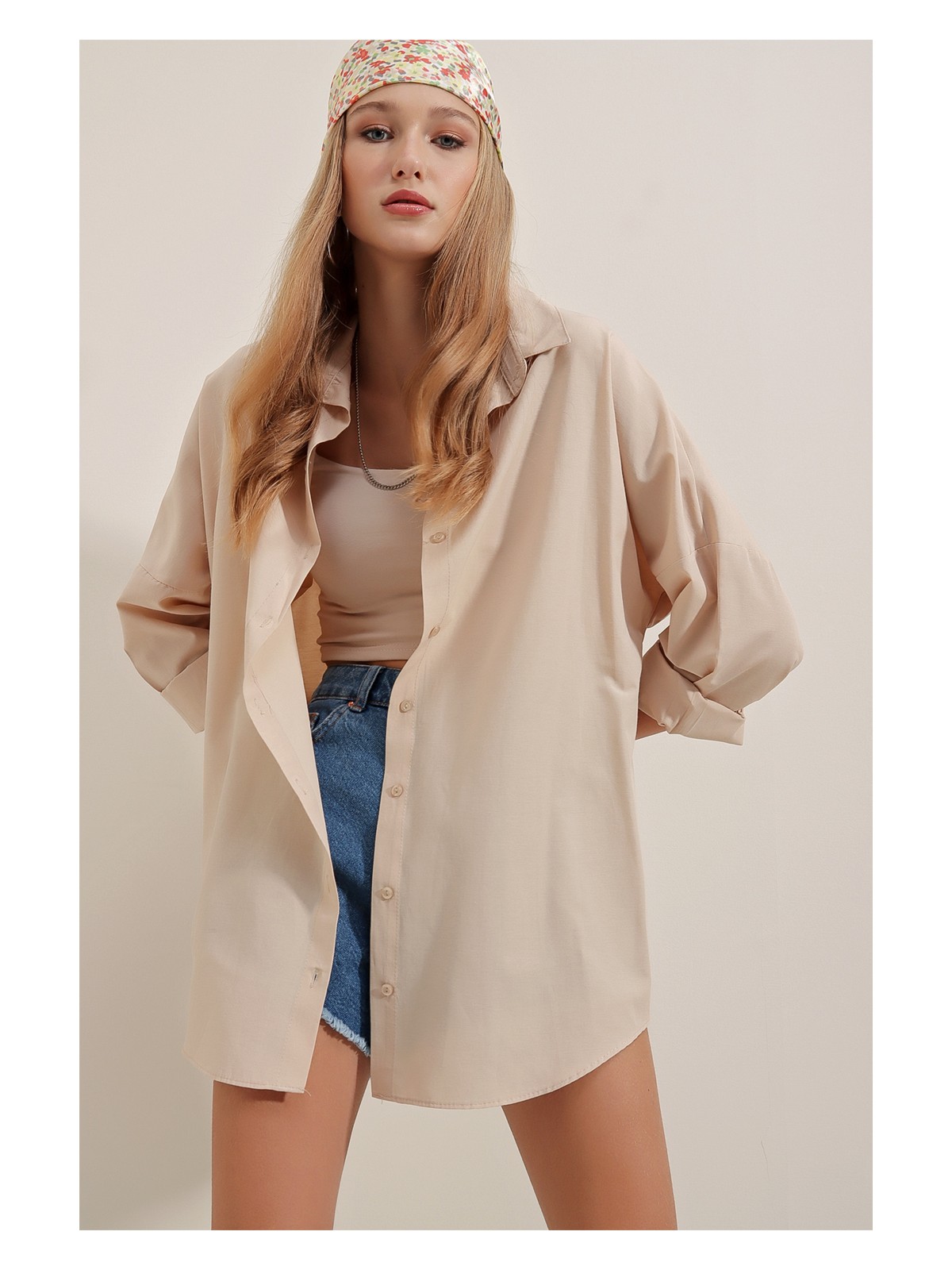 Bigdart 3900 Oversize Uzun Basic Gömlek - Krem